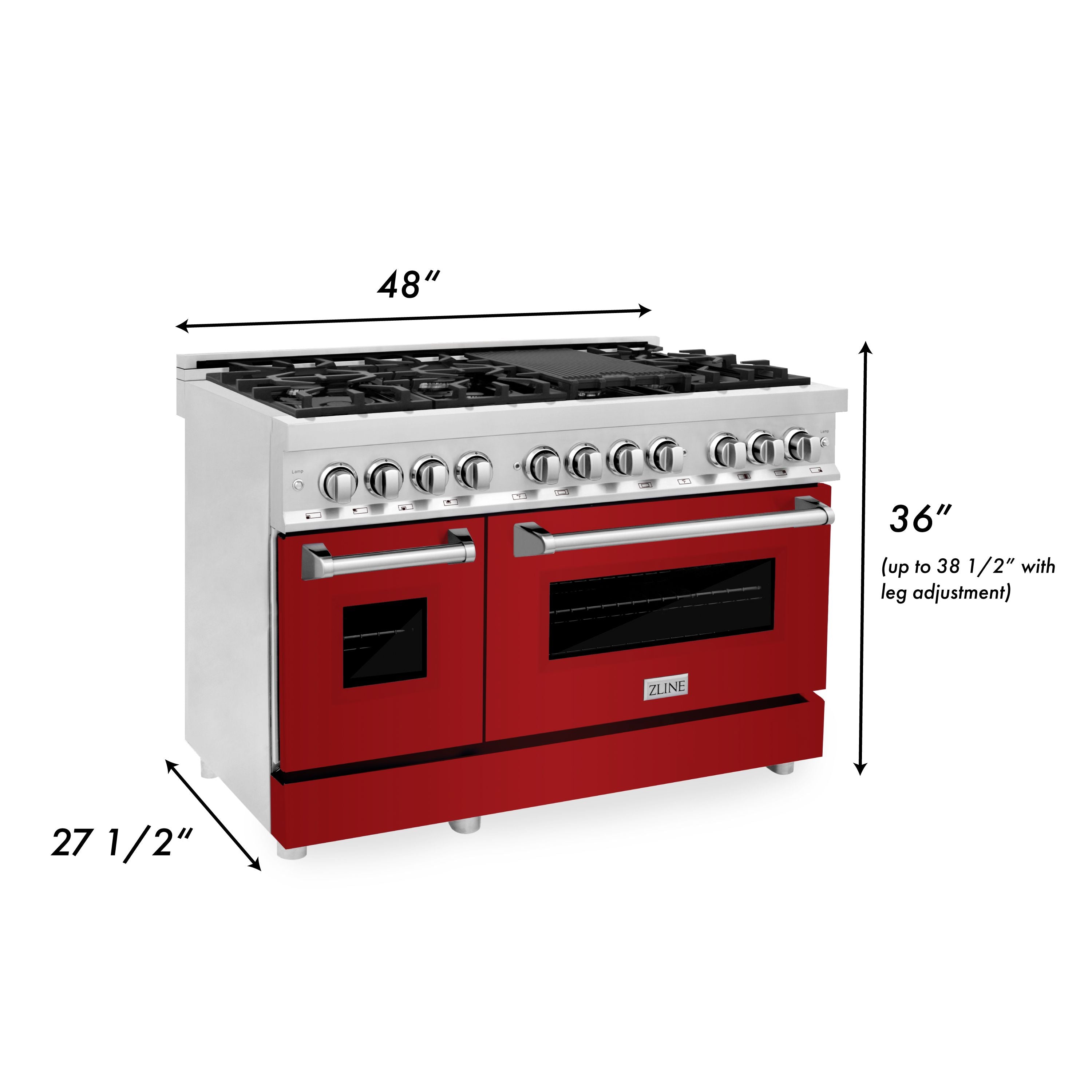 ZLINE 48" Professional Dual Fuel Range with 7 Burners, 6.0 cu. ft. Electric Oven, Stainless Steel with Red Gloss Door – RA-RG-48