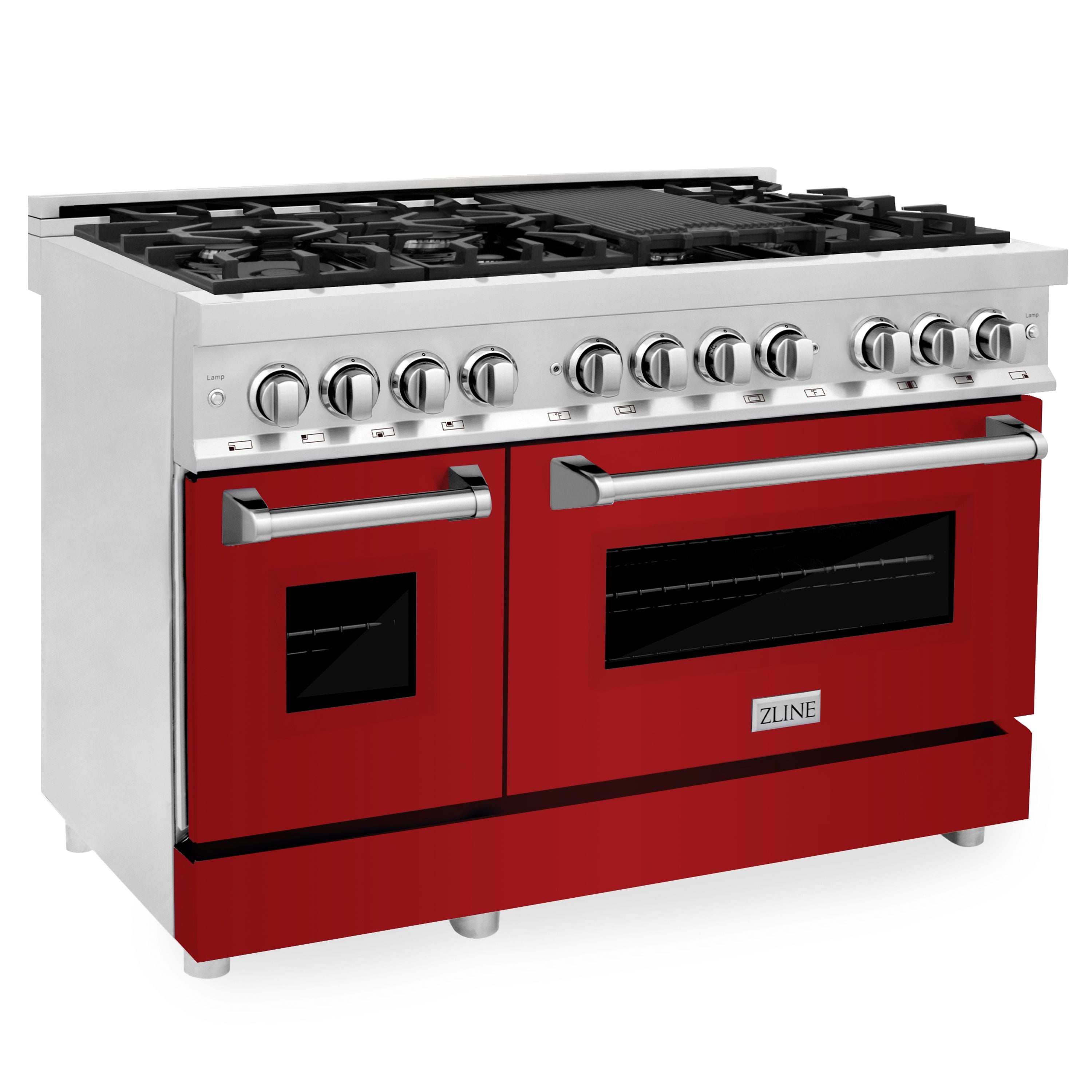 ZLINE 48" Professional Dual Fuel Range with 7 Burners, 6.0 cu. ft. Electric Oven, Stainless Steel with Red Gloss Door – RA-RG-48
