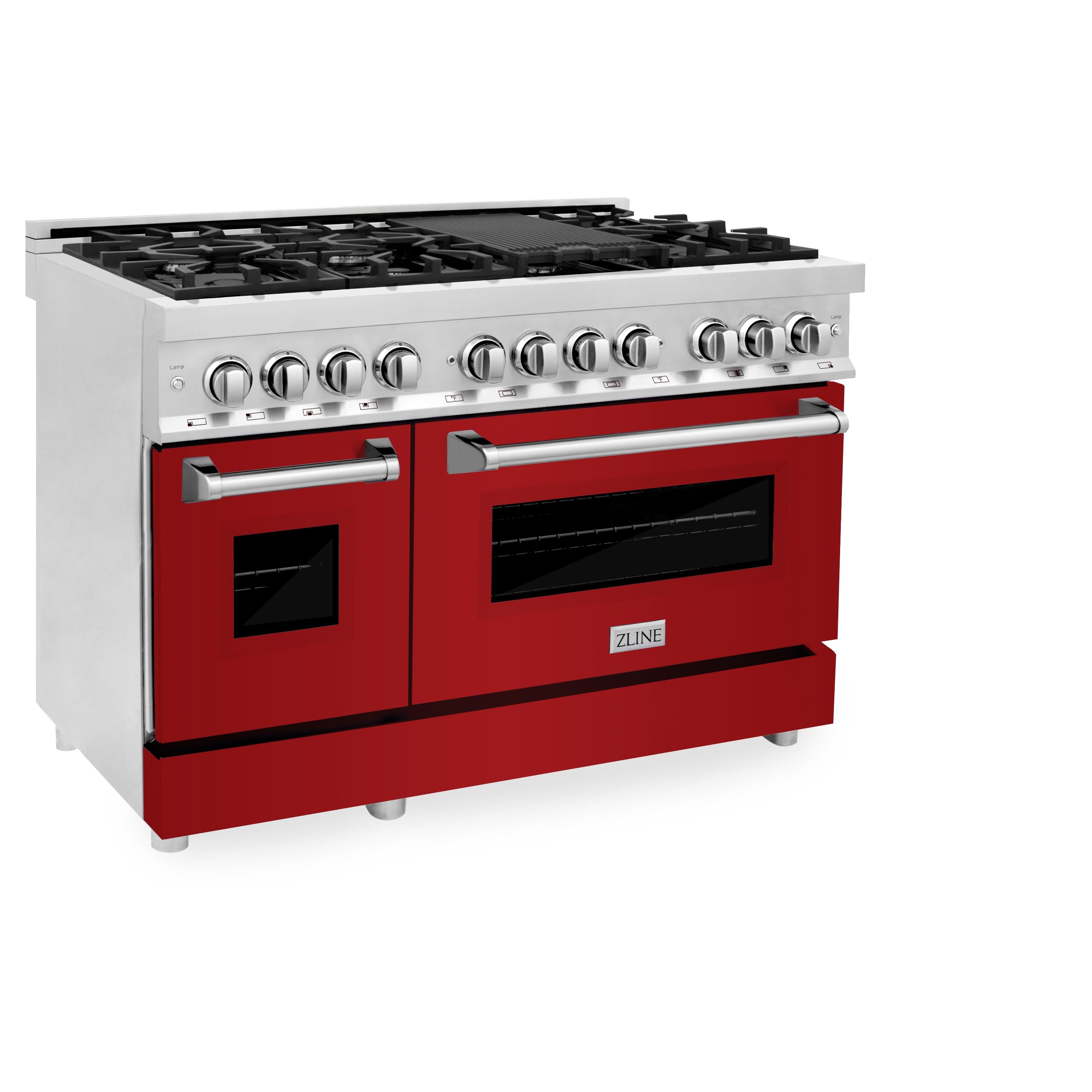 ZLINE 48" Professional Dual Fuel Range with 7 Burners, 6.0 cu. ft. Electric Oven, Stainless Steel with Red Gloss Door – RA-RG-48