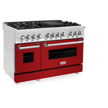 ZLINE 48" Professional Dual Fuel Range with 7 Burners, 6.0 cu. ft. Electric Oven, Stainless Steel with Red Gloss Door – RA-RG-48