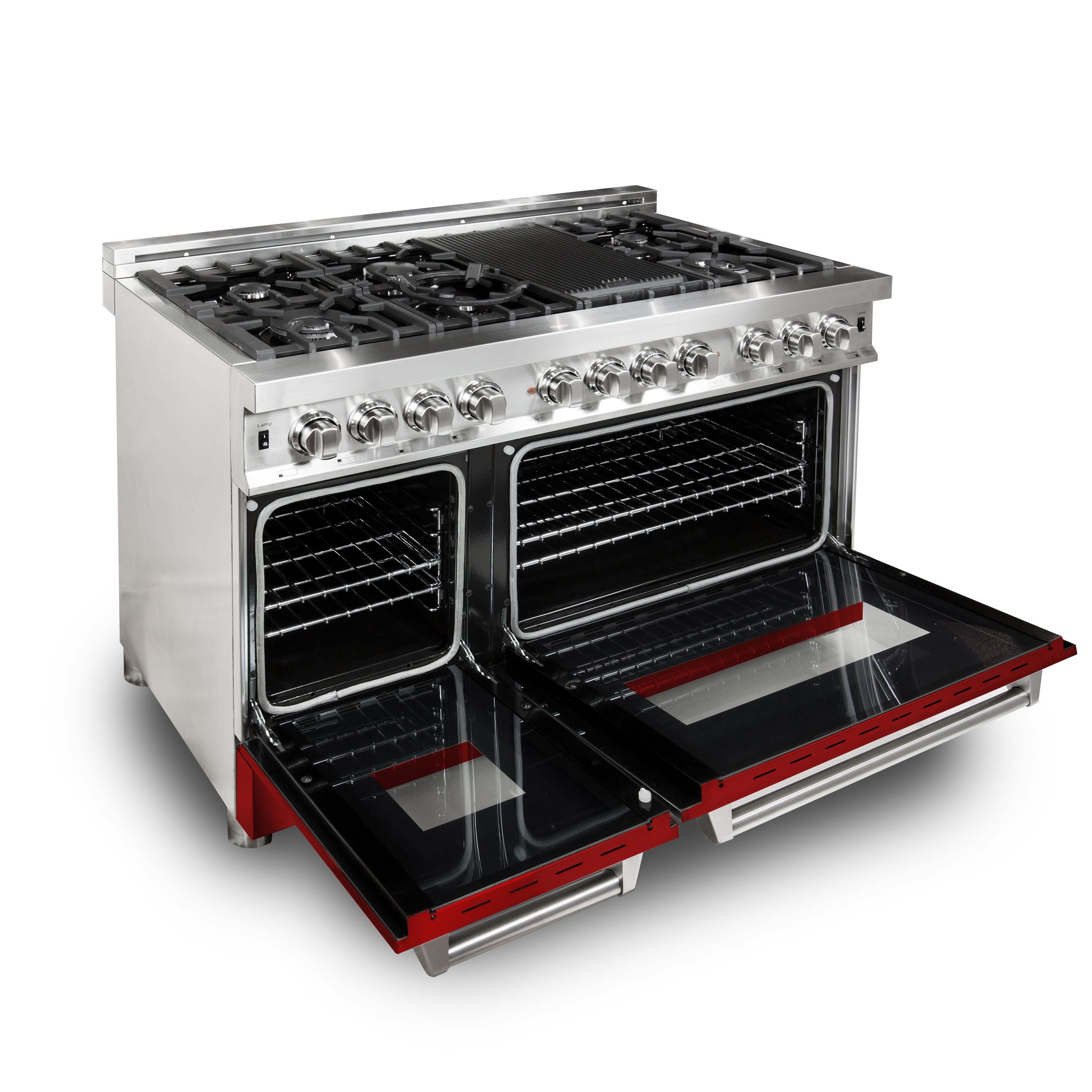 ZLINE 48" Professional Dual Fuel Range with 7 Burners, 6.0 cu. ft. Electric Oven, Stainless Steel with Red Gloss Door – RA-RG-48