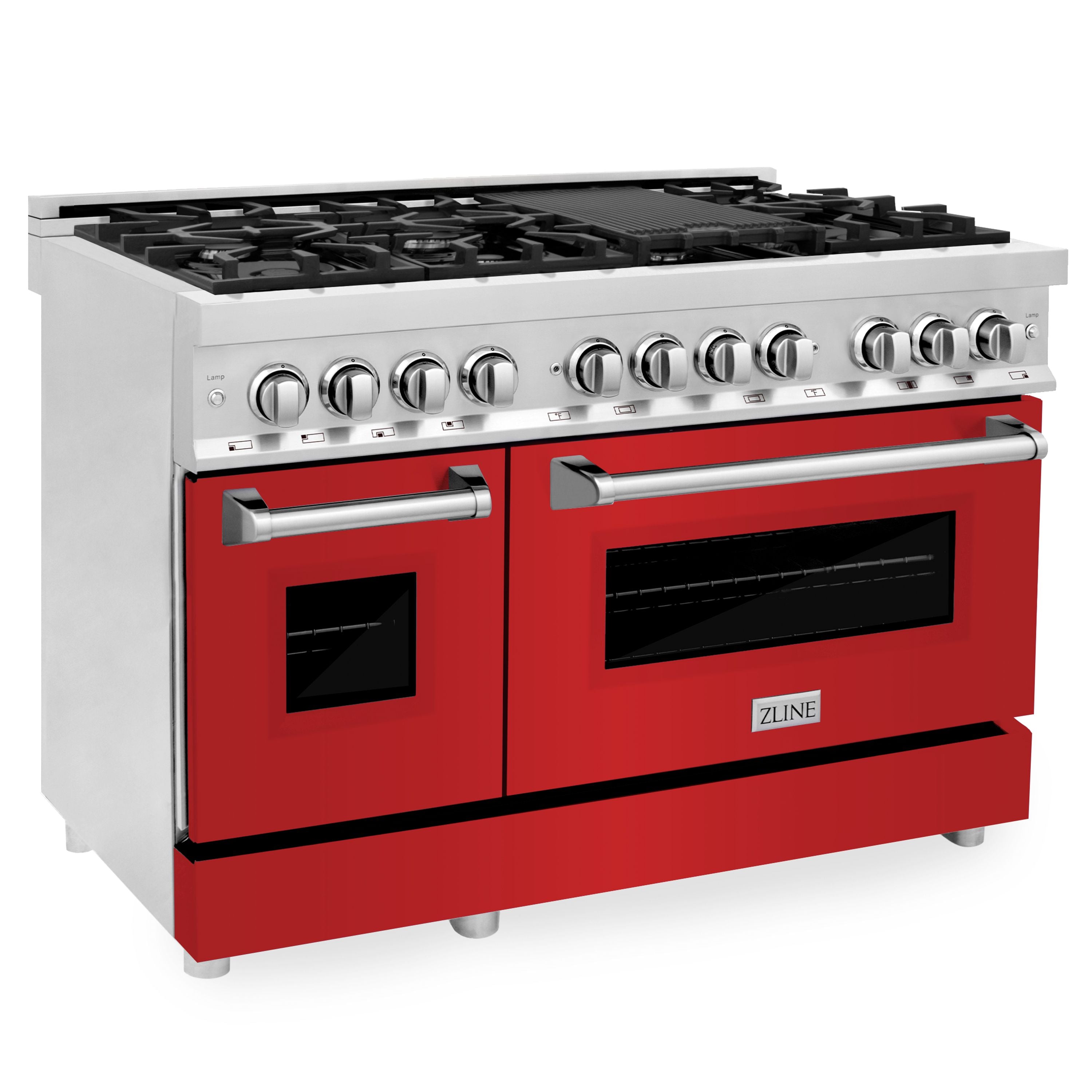 ZLINE 48 in. 6.0 cu. ft. Professional Dual Fuel Range with Gas Burners and Electric Oven in Stainless Steel with Red Matte Door (RA-RM-48)