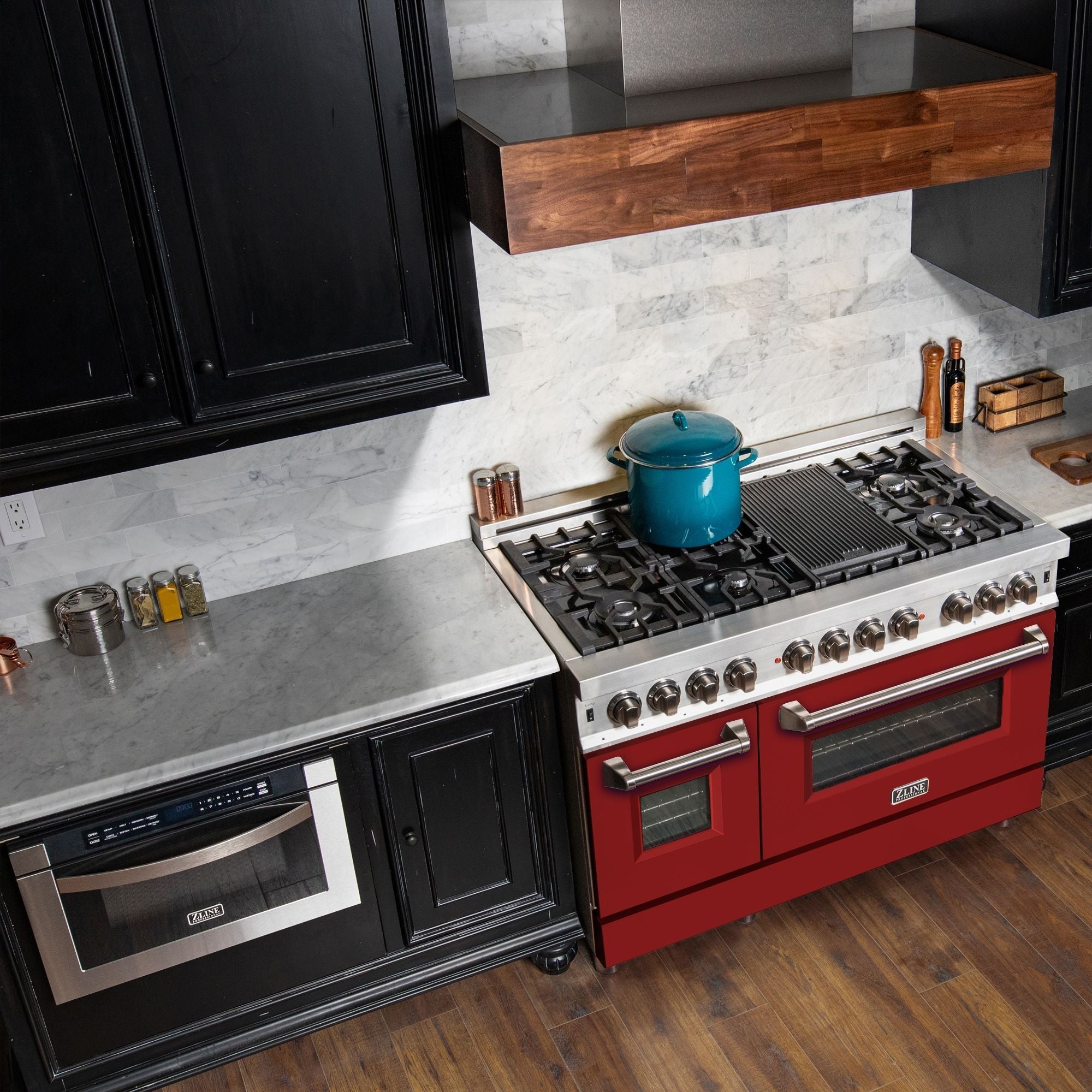 ZLINE 48 in. 6.0 cu. ft. Professional Dual Fuel Range with Gas Burners and Electric Oven in Stainless Steel with Red Matte Door (RA-RM-48)
