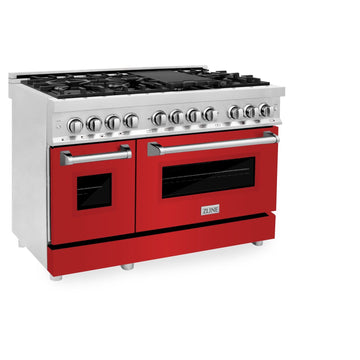 ZLINE 48 in. 6.0 cu. ft. Professional Dual Fuel Range with Gas Burners and Electric Oven in Stainless Steel with Red Matte Door (RA-RM-48)