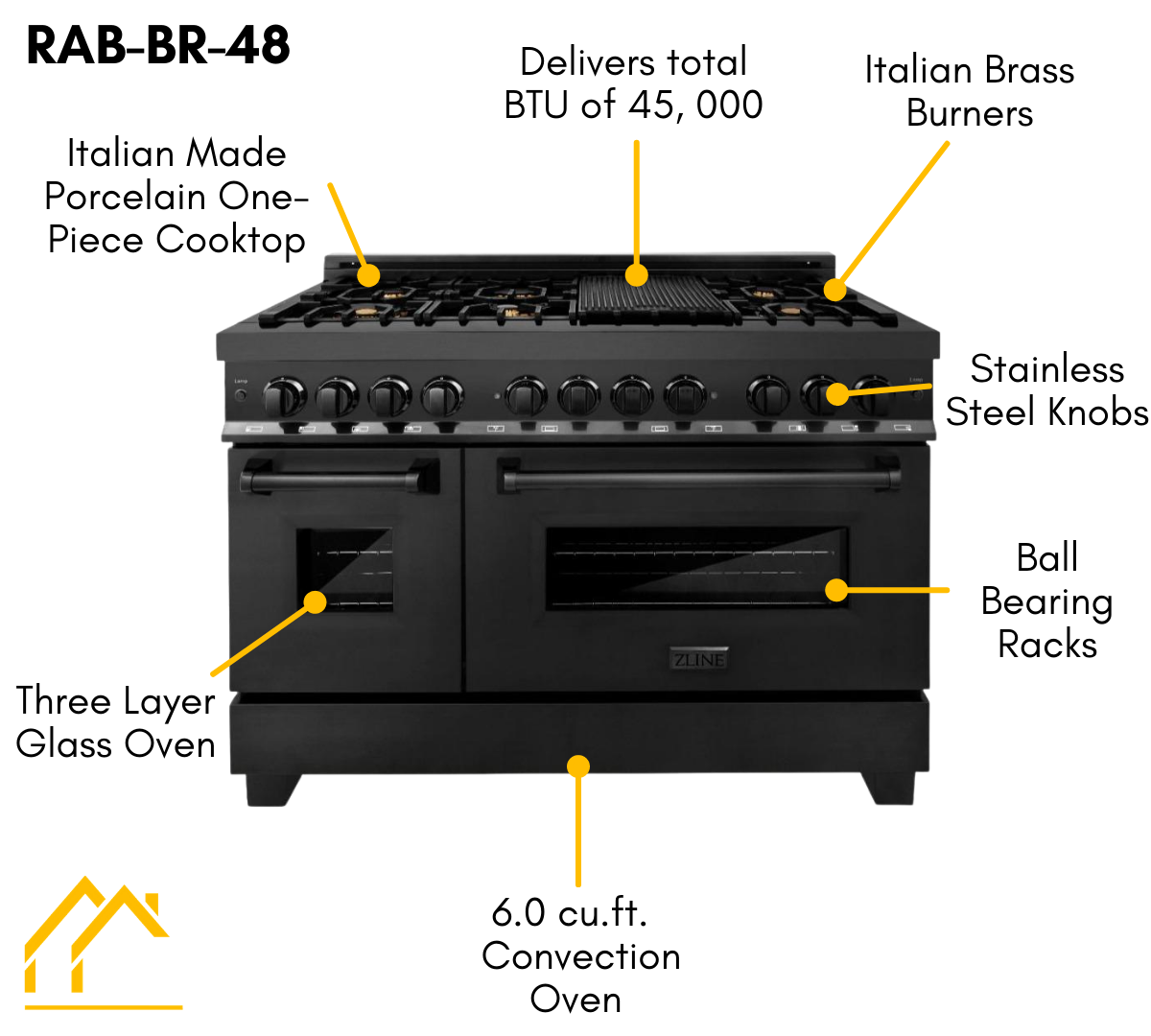 ZLINE Appliance Package - 48 In. Dual Fuel Range with Brass Burners, Microwave Oven, Range Hood in Black Stainless Steel, 3KP-RABRHMWO-48