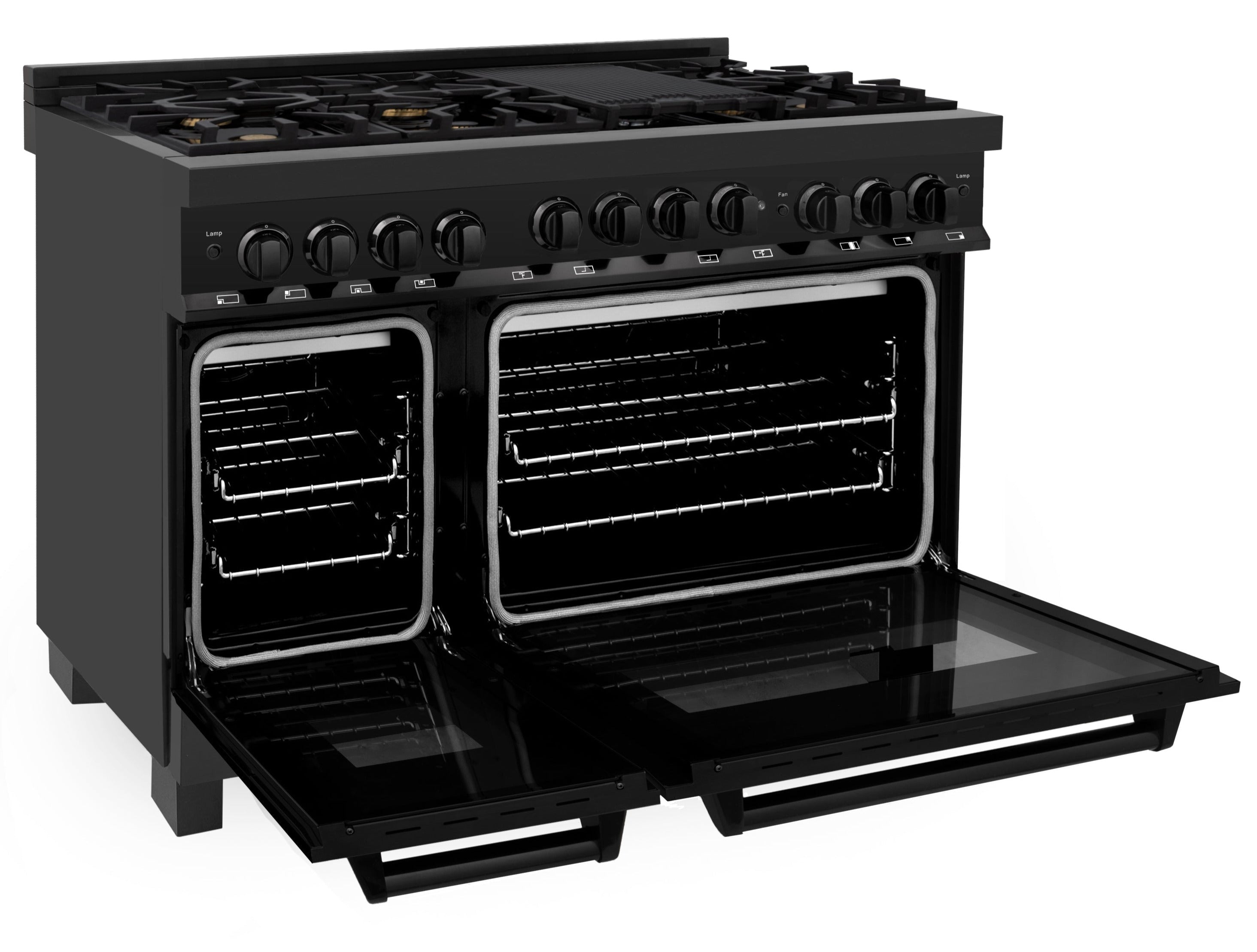 ZLINE Appliance Package - 48 In. Gas Range, Refrigerator, Range Hood, Microwave Drawer in Black Stainless Steel, 4KPR-SGRBRH48-MW