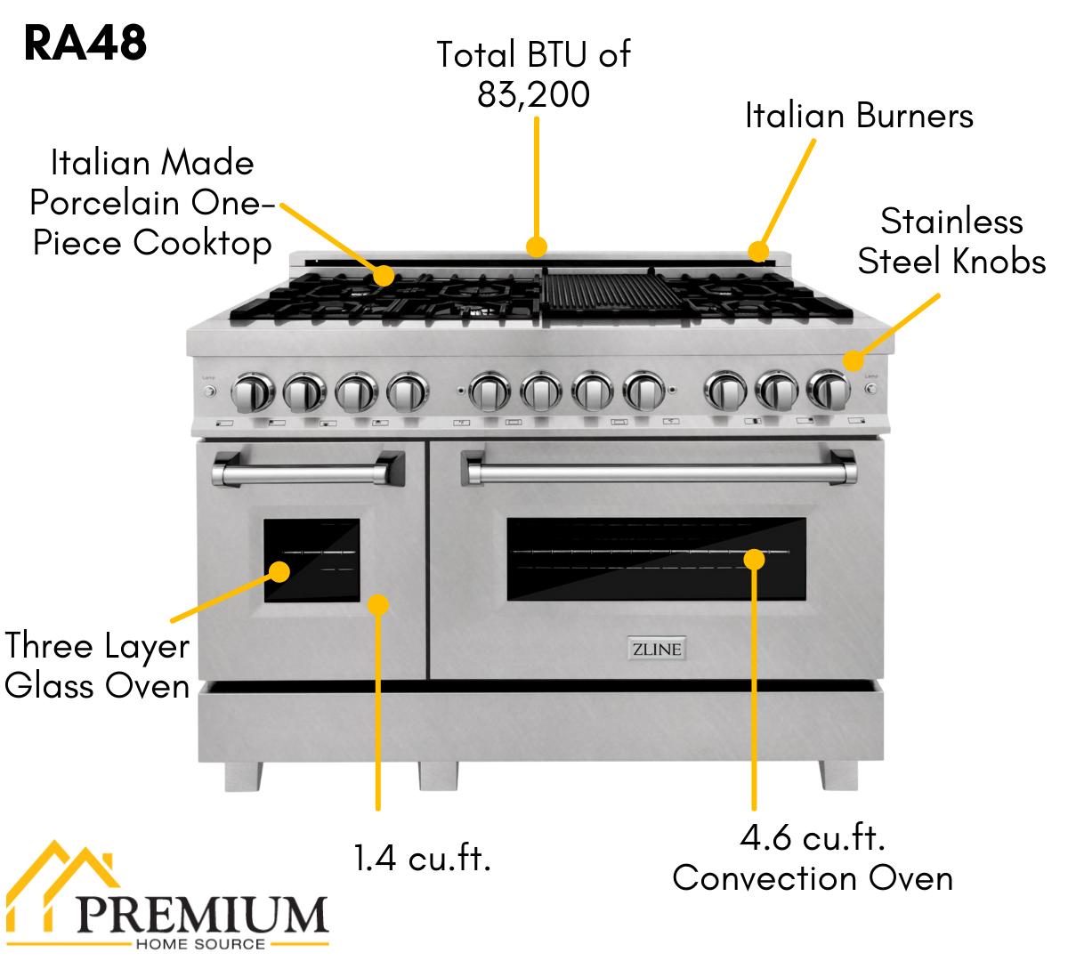 ZLINE 48-Inch Professional Dual Fuel Range with Gas Cooktop and Electric Convection Oven in Stainless Steel (RA48)