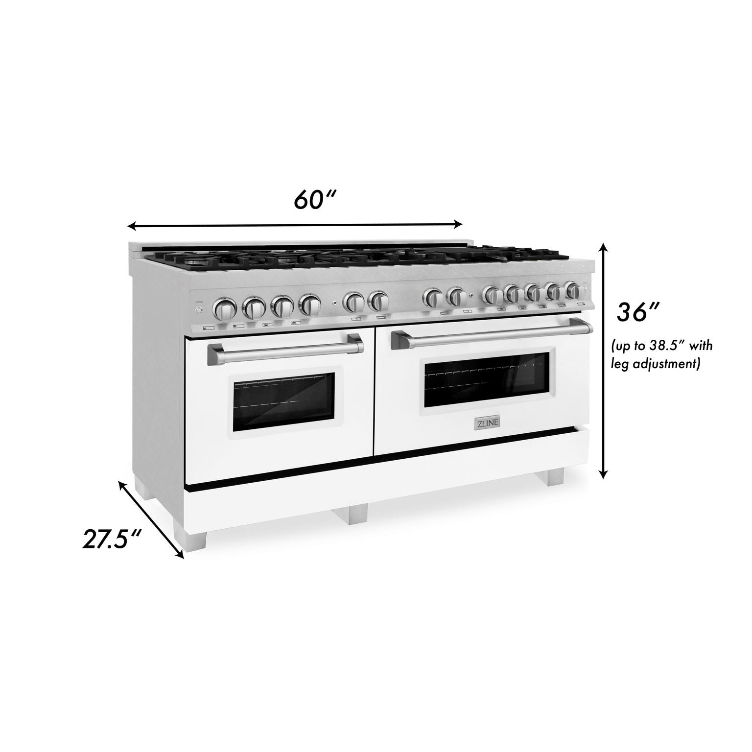 ZLINE 60 in. 7.4 cu. ft. Legacy Dual Fuel Range with 9 Burner Gas Cooktop and Double Electric Convection Ovens in Satin Stainless Steel with White Matte Doors (RAS-WM-60)