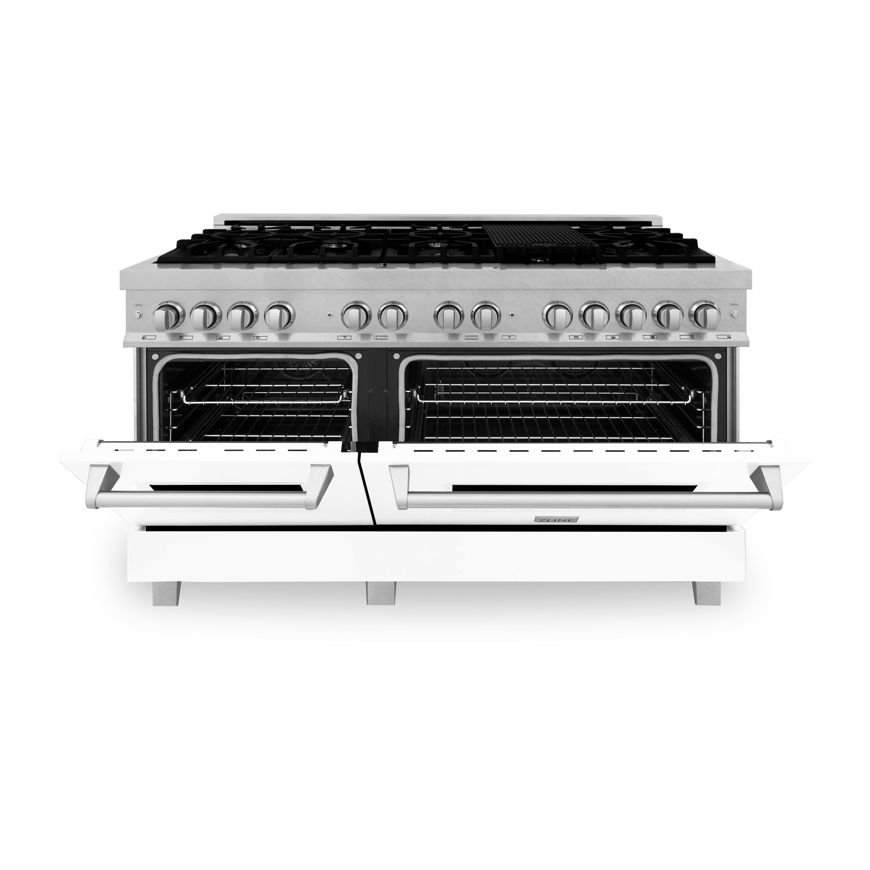 ZLINE 60 in. 7.4 cu. ft. Legacy Dual Fuel Range with 9 Burner Gas Cooktop and Double Electric Convection Ovens in Satin Stainless Steel with White Matte Doors (RAS-WM-60)
