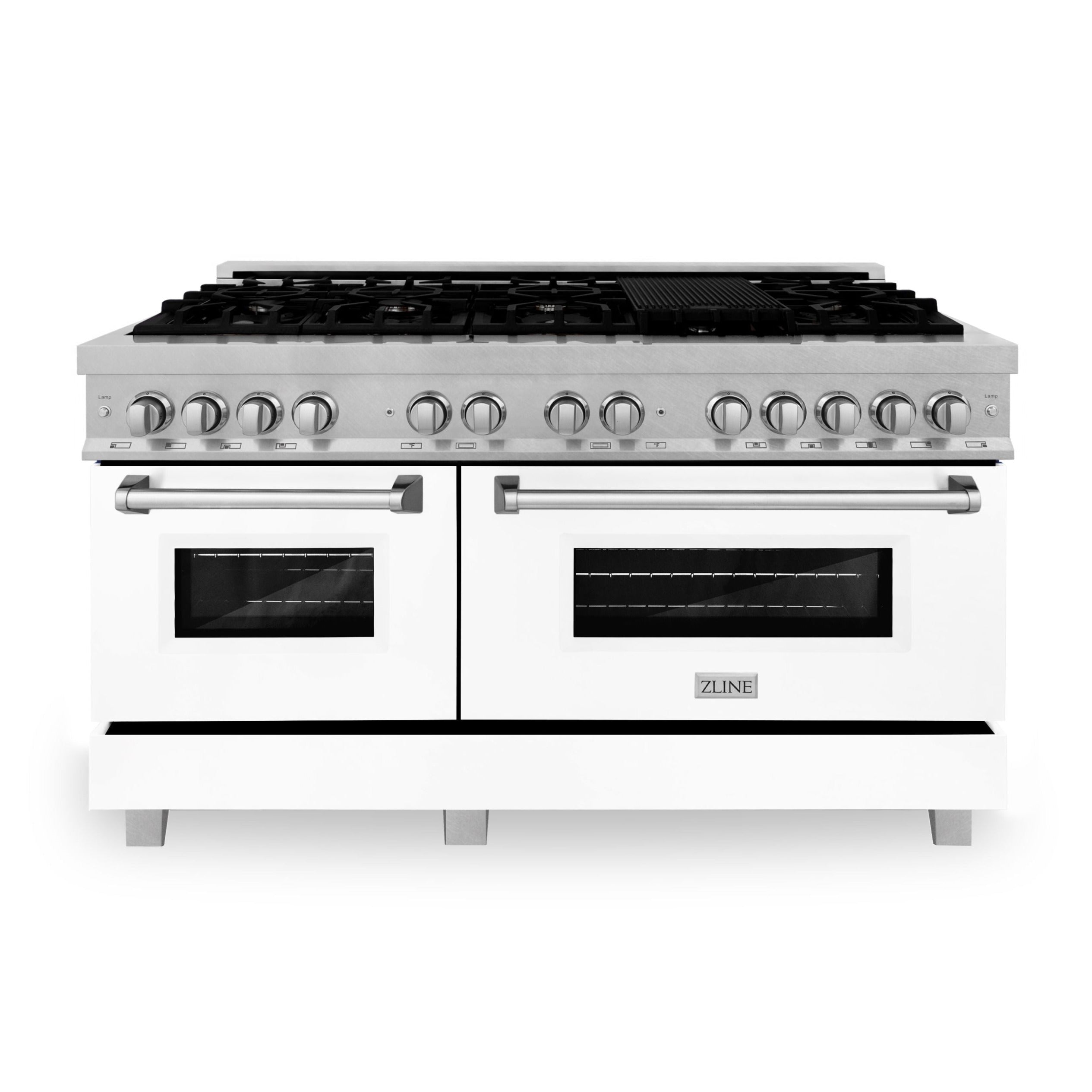 ZLINE 60 in. 7.4 cu. ft. Legacy Dual Fuel Range with 9 Burner Gas Cooktop and Double Electric Convection Ovens in Satin Stainless Steel with White Matte Doors (RAS-WM-60)