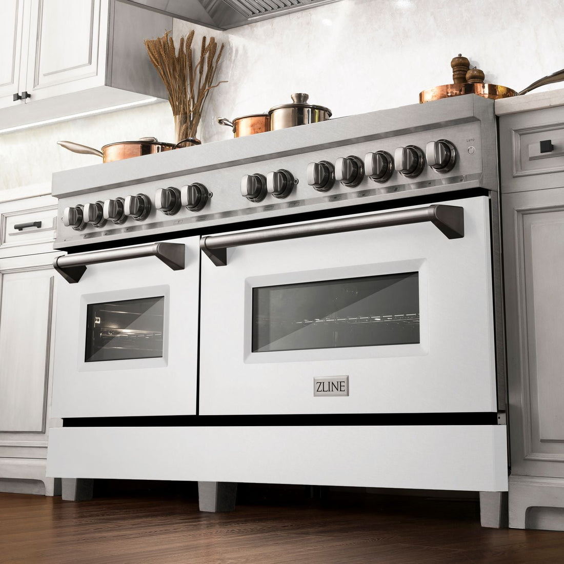 ZLINE 60 in. 7.4 cu. ft. Legacy Dual Fuel Range with 9 Burner Gas Cooktop and Double Electric Convection Ovens in Satin Stainless Steel with White Matte Doors (RAS-WM-60)