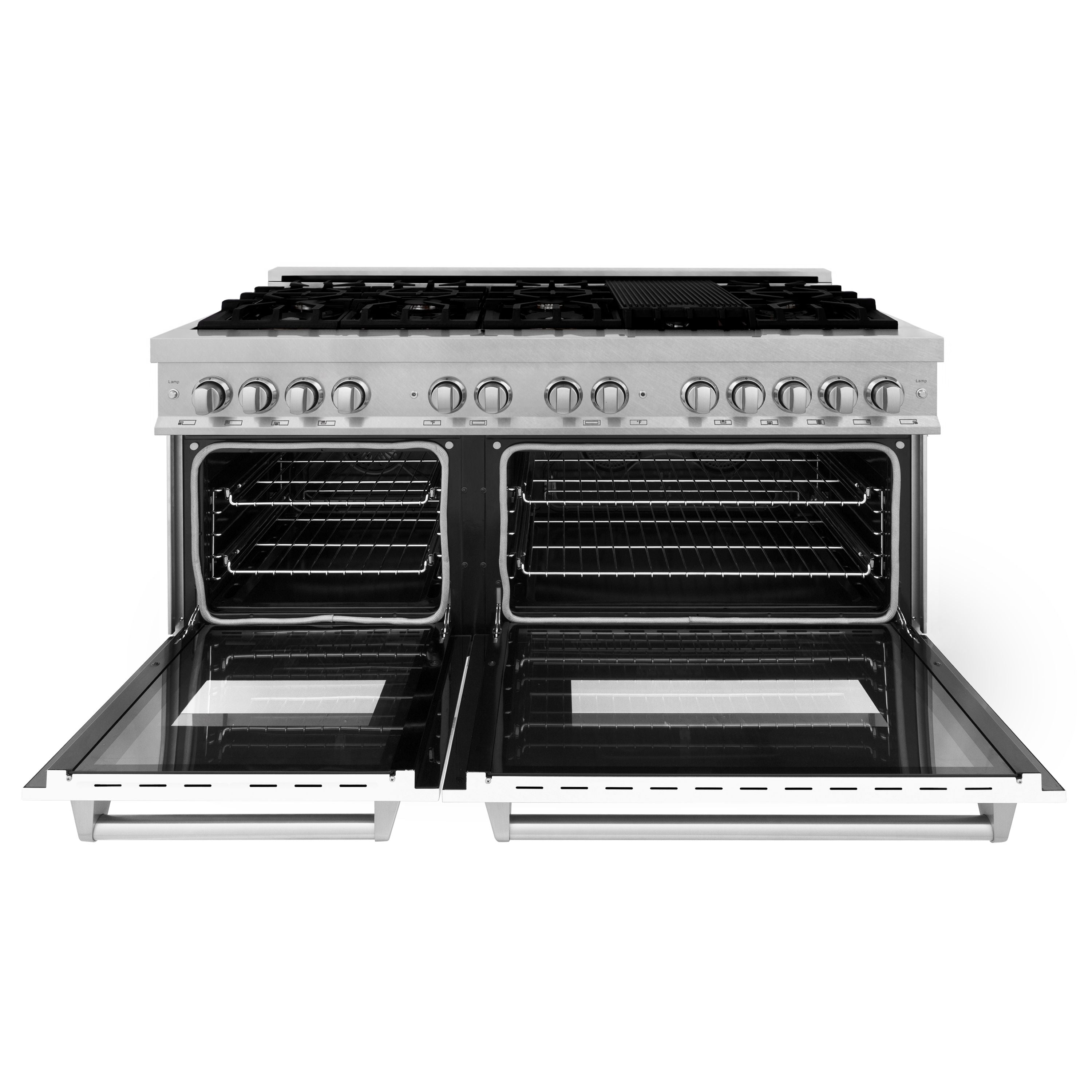 ZLINE 60 in. 7.4 cu. ft. Legacy Dual Fuel Range with 9 Burner Gas Cooktop and Double Electric Convection Ovens in Satin Stainless Steel with White Matte Doors (RAS-WM-60)