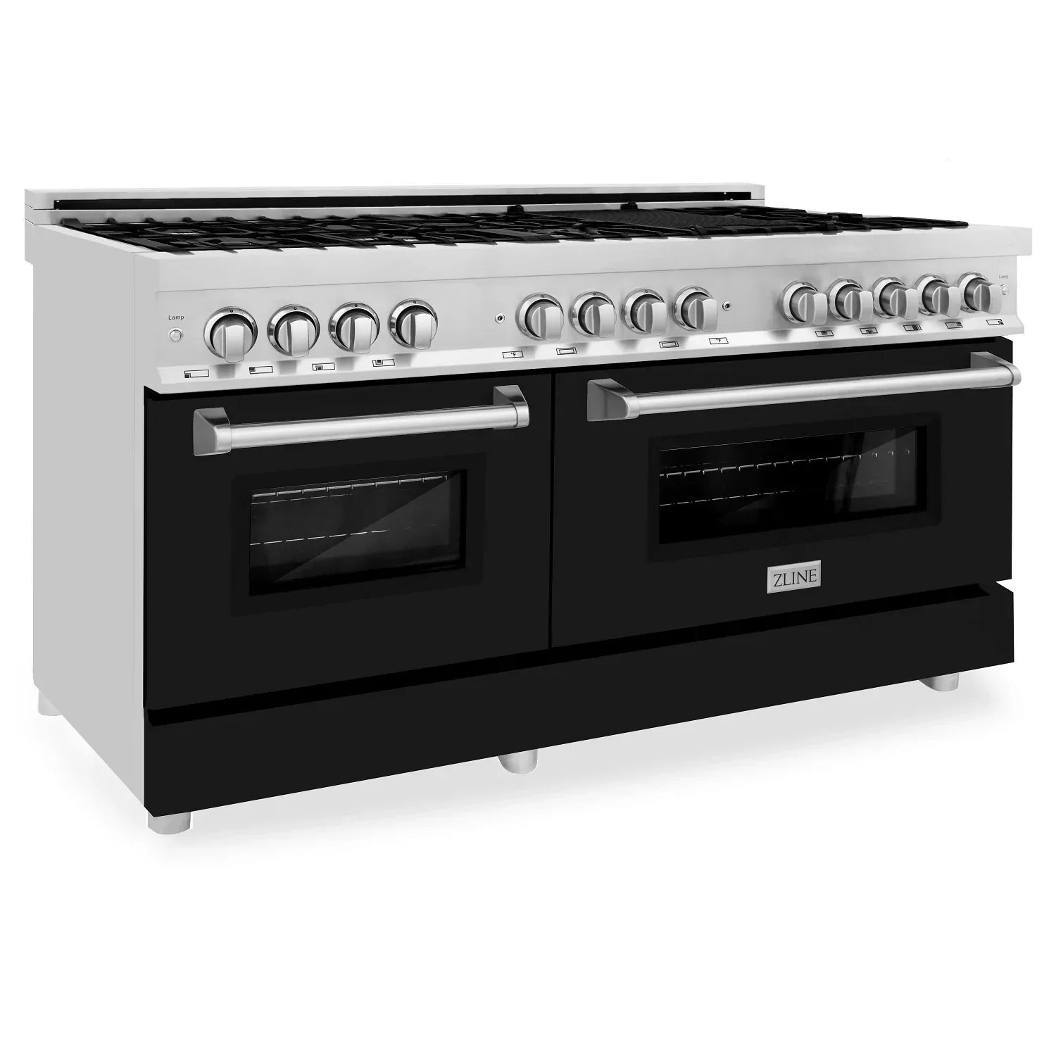 ZLINE 60 in. Legacy Dual Fuel Range, 9 Burner Gas Cooktop, Double Electric Convection Ovens, 7.4 cu. ft., Satin Stainless Steel with Black Matte Doors (RAS-BLM-60)