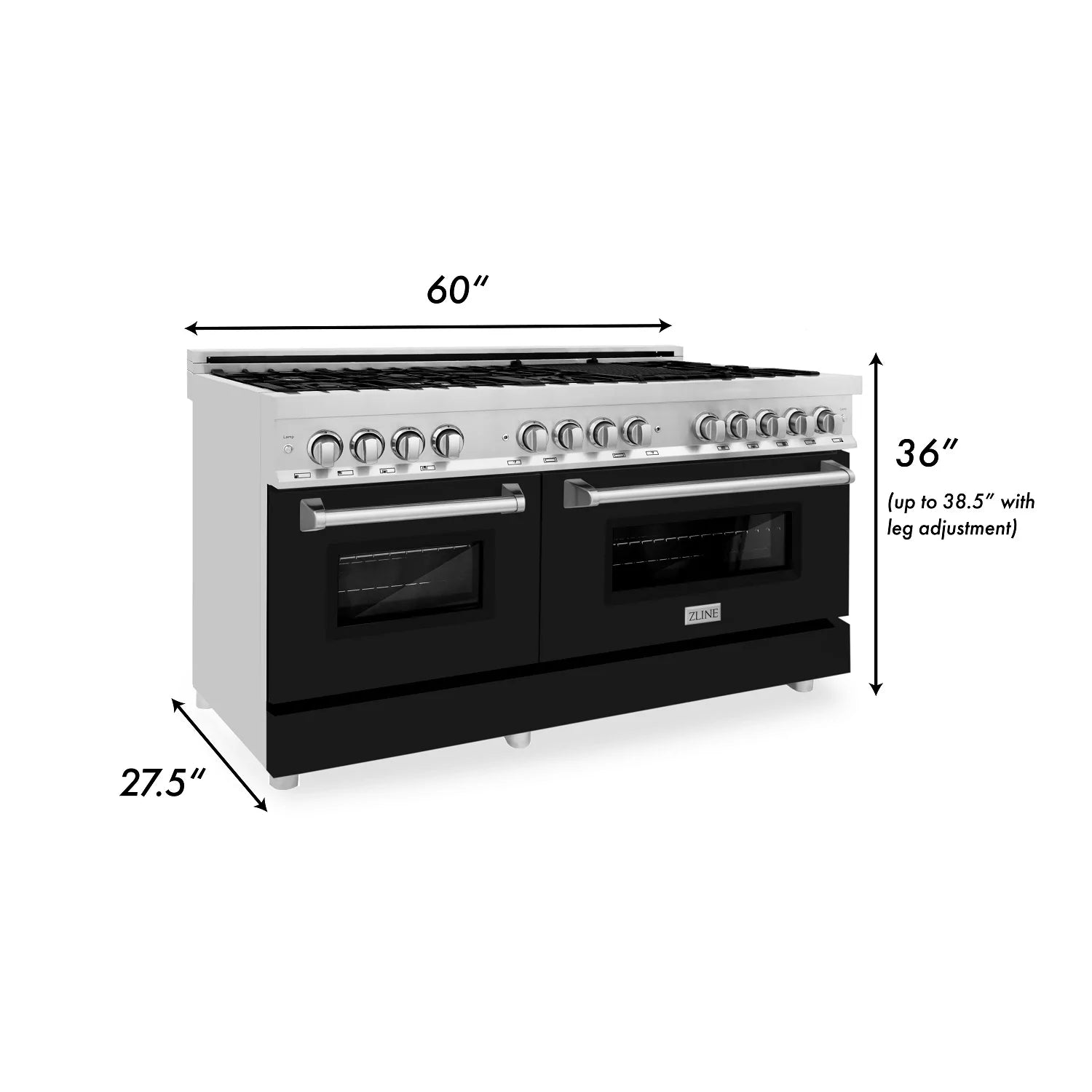 ZLINE 60 in. Legacy Dual Fuel Range, 9 Burner Gas Cooktop, Double Electric Convection Ovens, 7.4 cu. ft., Satin Stainless Steel with Black Matte Doors (RAS-BLM-60)