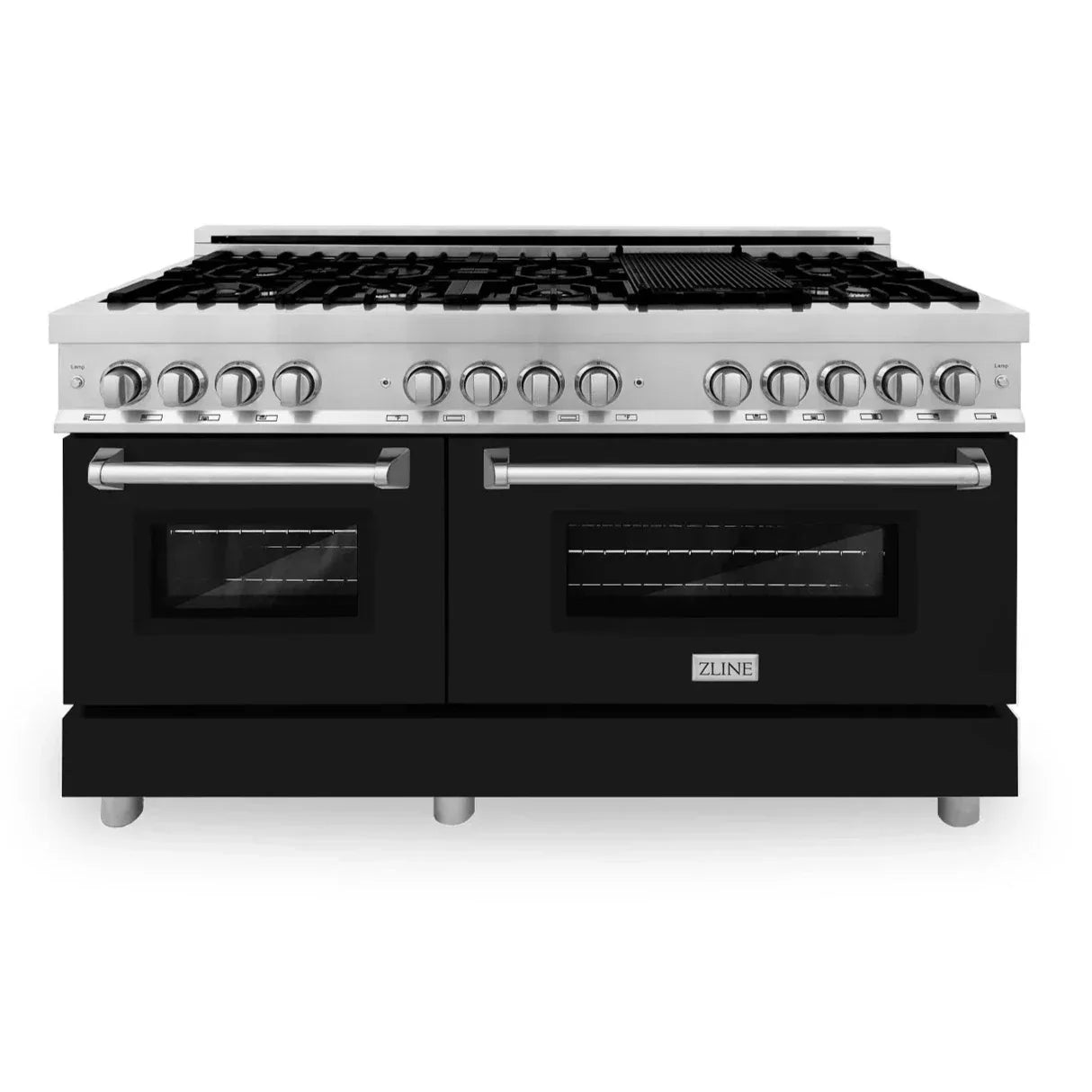 ZLINE 60 in. Legacy Dual Fuel Range, 9 Burner Gas Cooktop, Double Electric Convection Ovens, 7.4 cu. ft., Satin Stainless Steel with Black Matte Doors (RAS-BLM-60)