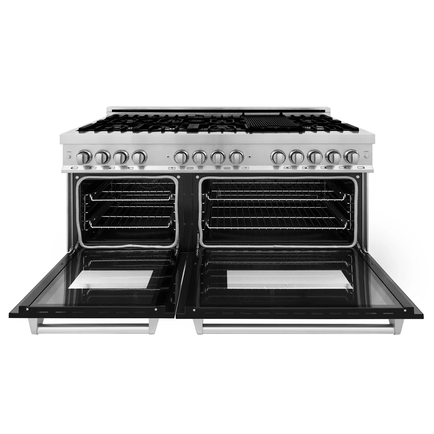 ZLINE 60 in. Legacy Dual Fuel Range, 9 Burner Gas Cooktop, Double Electric Convection Ovens, 7.4 cu. ft., Satin Stainless Steel with Black Matte Doors (RAS-BLM-60)