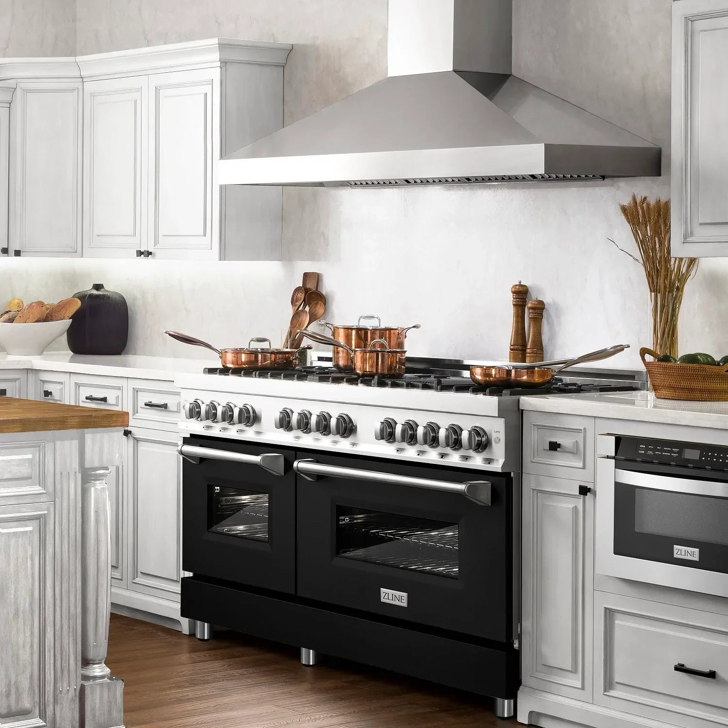 ZLINE 60 in. Legacy Dual Fuel Range, 9 Burner Gas Cooktop, Double Electric Convection Ovens, 7.4 cu. ft., Satin Stainless Steel with Black Matte Doors (RAS-BLM-60)