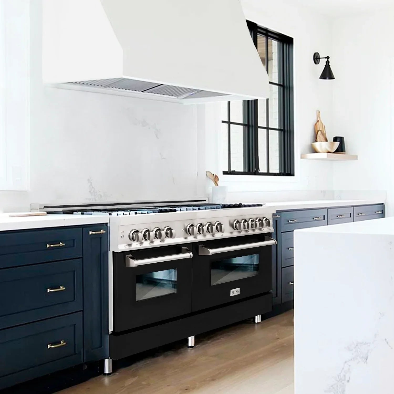 ZLINE 60 in. Legacy Dual Fuel Range, 9 Burner Gas Cooktop, Double Electric Convection Ovens, 7.4 cu. ft., Satin Stainless Steel with Black Matte Doors (RAS-BLM-60)