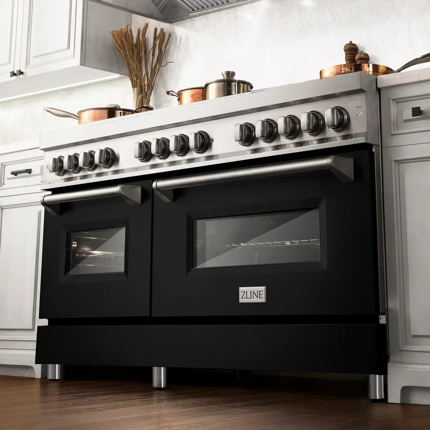 ZLINE 60 in. Legacy Dual Fuel Range, 9 Burner Gas Cooktop, Double Electric Convection Ovens, 7.4 cu. ft., Satin Stainless Steel with Black Matte Doors (RAS-BLM-60)