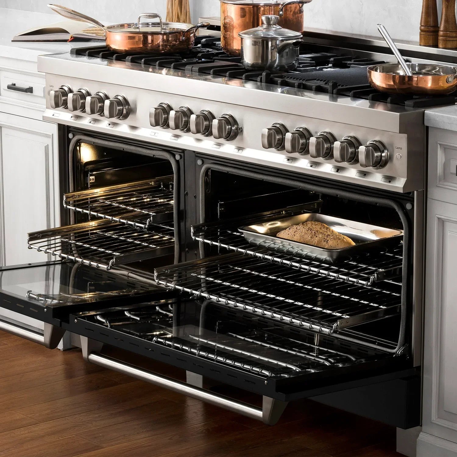 ZLINE 60 in. Legacy Dual Fuel Range, 9 Burner Gas Cooktop, Double Electric Convection Ovens, 7.4 cu. ft., Satin Stainless Steel with Black Matte Doors (RAS-BLM-60)
