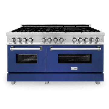ZLINE 60 in. Legacy Dual Fuel Range, 7.4 cu. ft., 9 Burner Gas Cooktop, Double Electric Convection Ovens, Satin Stainless Steel with Blue Gloss Doors (RAS-BG-60)