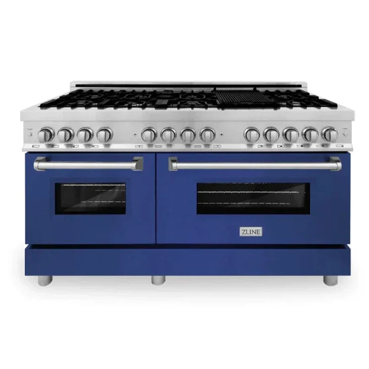 ZLINE 60 in. Legacy Dual Fuel Range, 7.4 cu. ft., 9 Burner Gas Cooktop, Double Electric Convection Ovens, Satin Stainless Steel with Blue Gloss Doors (RAS-BG-60)
