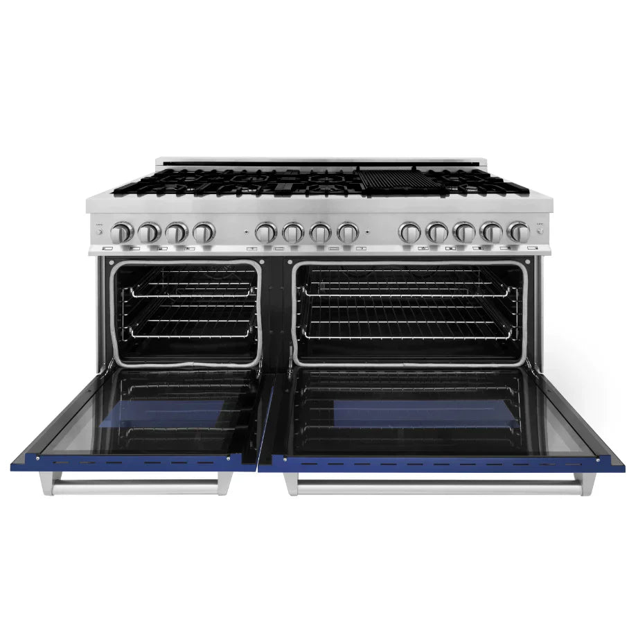 ZLINE 60 in. Legacy Dual Fuel Range, 7.4 cu. ft., 9 Burner Gas Cooktop, Double Electric Convection Ovens, Satin Stainless Steel with Blue Gloss Doors (RAS-BG-60)