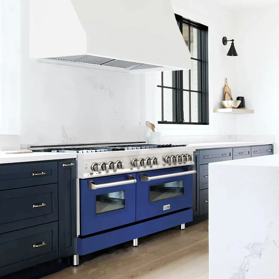ZLINE 60 in. Legacy Dual Fuel Range, 7.4 cu. ft., 9 Burner Gas Cooktop, Double Electric Convection Ovens, Satin Stainless Steel with Blue Gloss Doors (RAS-BG-60)