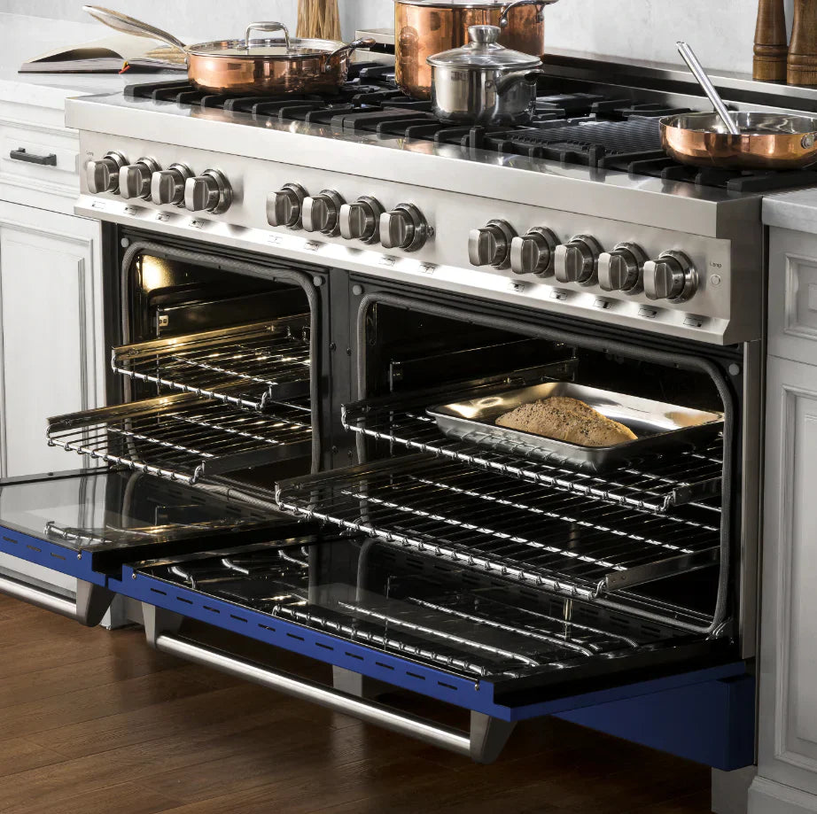 ZLINE 60 in. Legacy Dual Fuel Range, 7.4 cu. ft., 9 Burner Gas Cooktop, Double Electric Convection Ovens, Satin Stainless Steel with Blue Gloss Doors (RAS-BG-60)