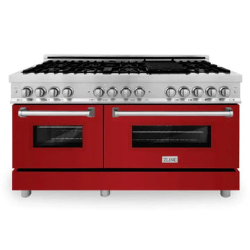 ZLINE 60-Inch Legacy Dual Fuel Range, 9 Gas Burners, 2 Electric Convection Ovens, 7.4 cu. ft., Satin Stainless Steel with Red Gloss Doors (RAS-RG-60)