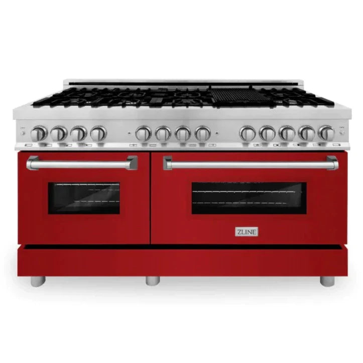 ZLINE 60-Inch Legacy Dual Fuel Range, 9 Gas Burners, 2 Electric Convection Ovens, 7.4 cu. ft., Satin Stainless Steel with Red Gloss Doors (RAS-RG-60)