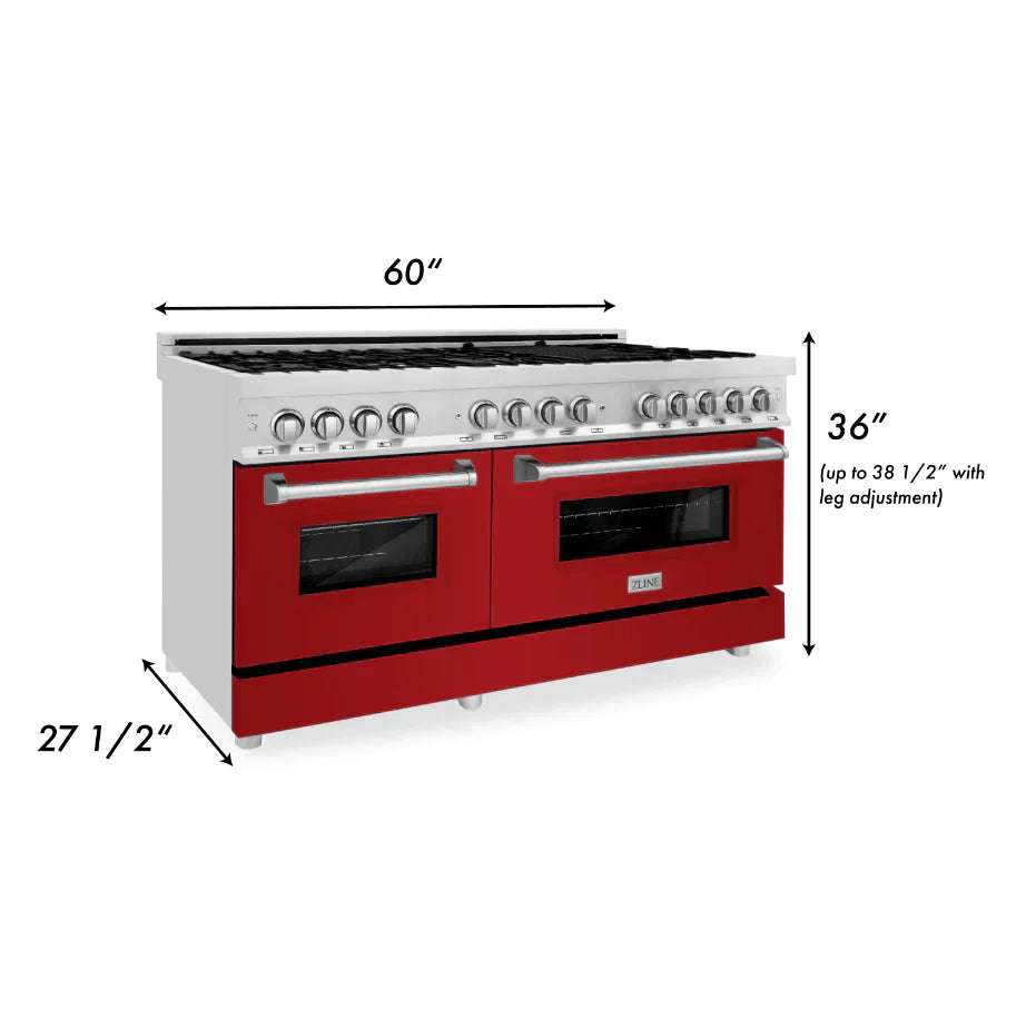 ZLINE 60 in. Legacy Dual Fuel Range, 9 Burner Gas Cooktop, 2 Electric Convection Ovens, 7.4 cu. ft., Satin Stainless Steel with Red Matte Doors (RAS-RM-60)
