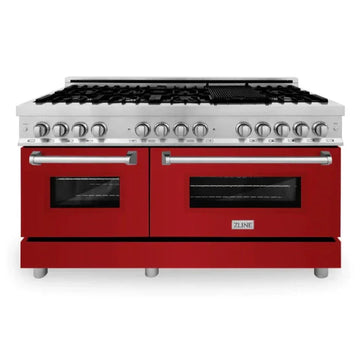 ZLINE 60 in. Legacy Dual Fuel Range, 9 Burner Gas Cooktop, 2 Electric Convection Ovens, 7.4 cu. ft., Satin Stainless Steel with Red Matte Doors (RAS-RM-60)