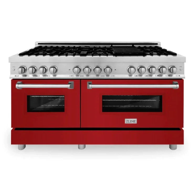 ZLINE 60 in. Legacy Dual Fuel Range, 9 Burner Gas Cooktop, 2 Electric Convection Ovens, 7.4 cu. ft., Satin Stainless Steel with Red Matte Doors (RAS-RM-60)