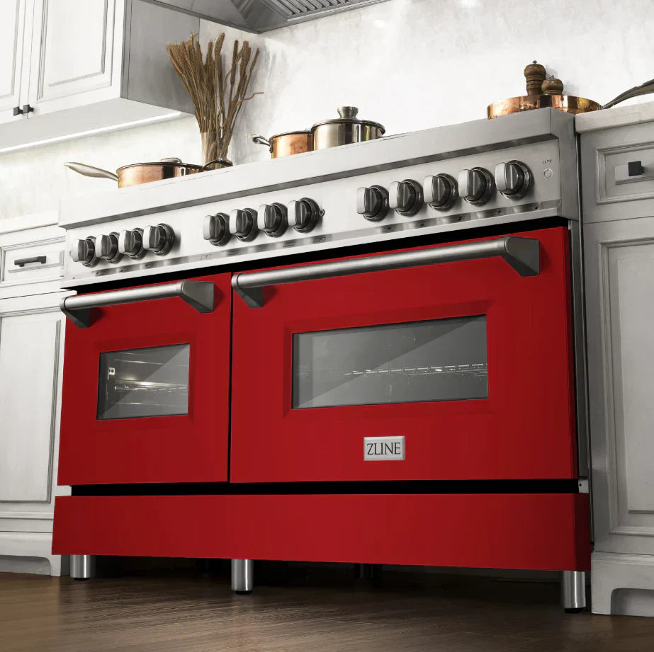 ZLINE 60 in. Legacy Dual Fuel Range, 9 Burner Gas Cooktop, 2 Electric Convection Ovens, 7.4 cu. ft., Satin Stainless Steel with Red Matte Doors (RAS-RM-60)