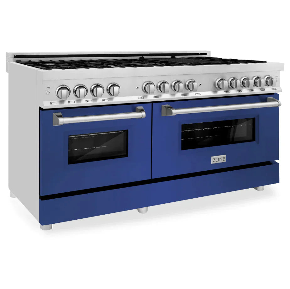 ZLINE 60 in. Dual Fuel Professional Range, 9 Burner Gas Cooktop, Double Electric Convection Ovens, Stainless Steel with Blue Matte Door (RA-BM-60)