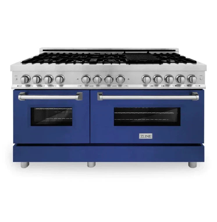 ZLINE 60 in. Dual Fuel Professional Range, 9 Burner Gas Cooktop, Double Electric Convection Ovens, Stainless Steel with Blue Matte Door (RA-BM-60)