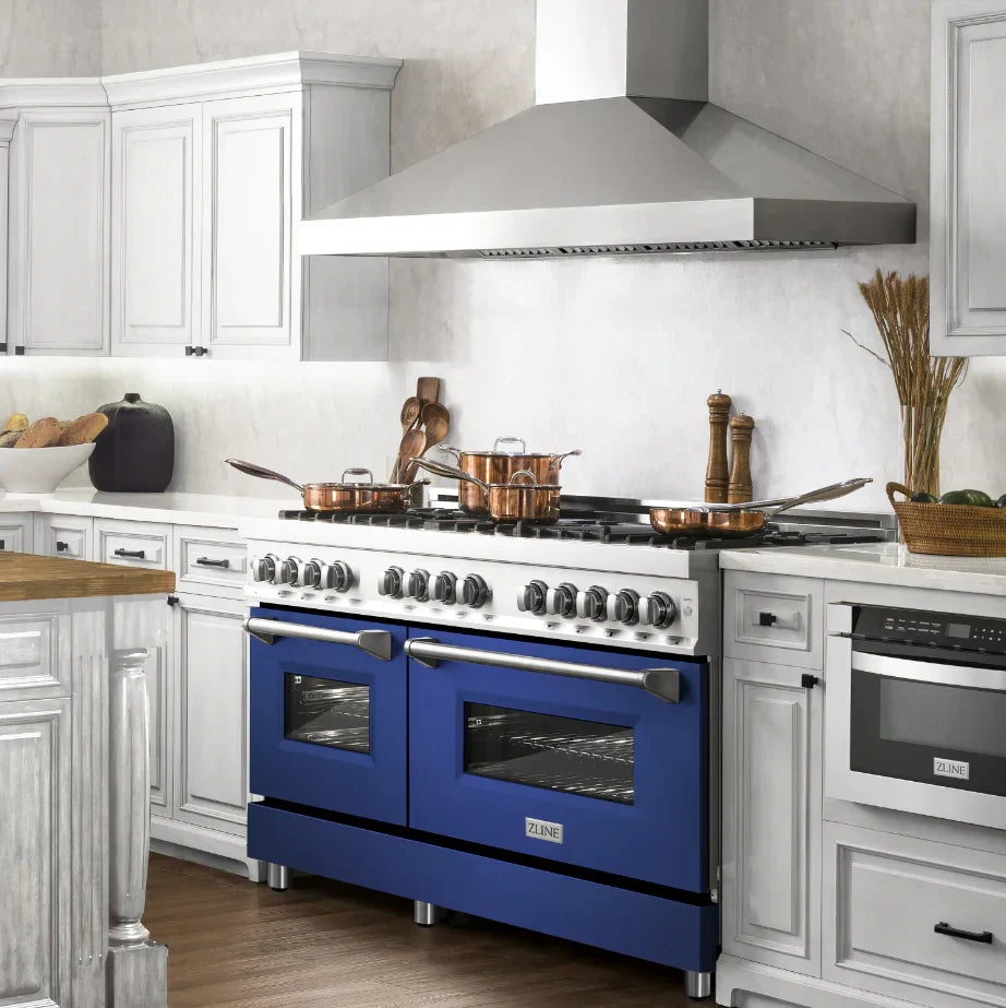 ZLINE 60 in. Dual Fuel Professional Range, 9 Burner Gas Cooktop, Double Electric Convection Ovens, Stainless Steel with Blue Matte Door (RA-BM-60)