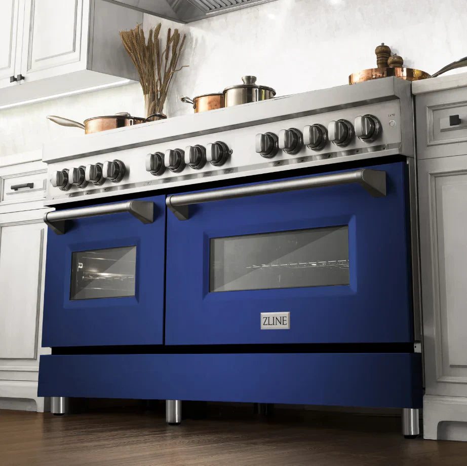 ZLINE 60 in. Dual Fuel Professional Range, 9 Burner Gas Cooktop, Double Electric Convection Ovens, Stainless Steel with Blue Matte Door (RA-BM-60)