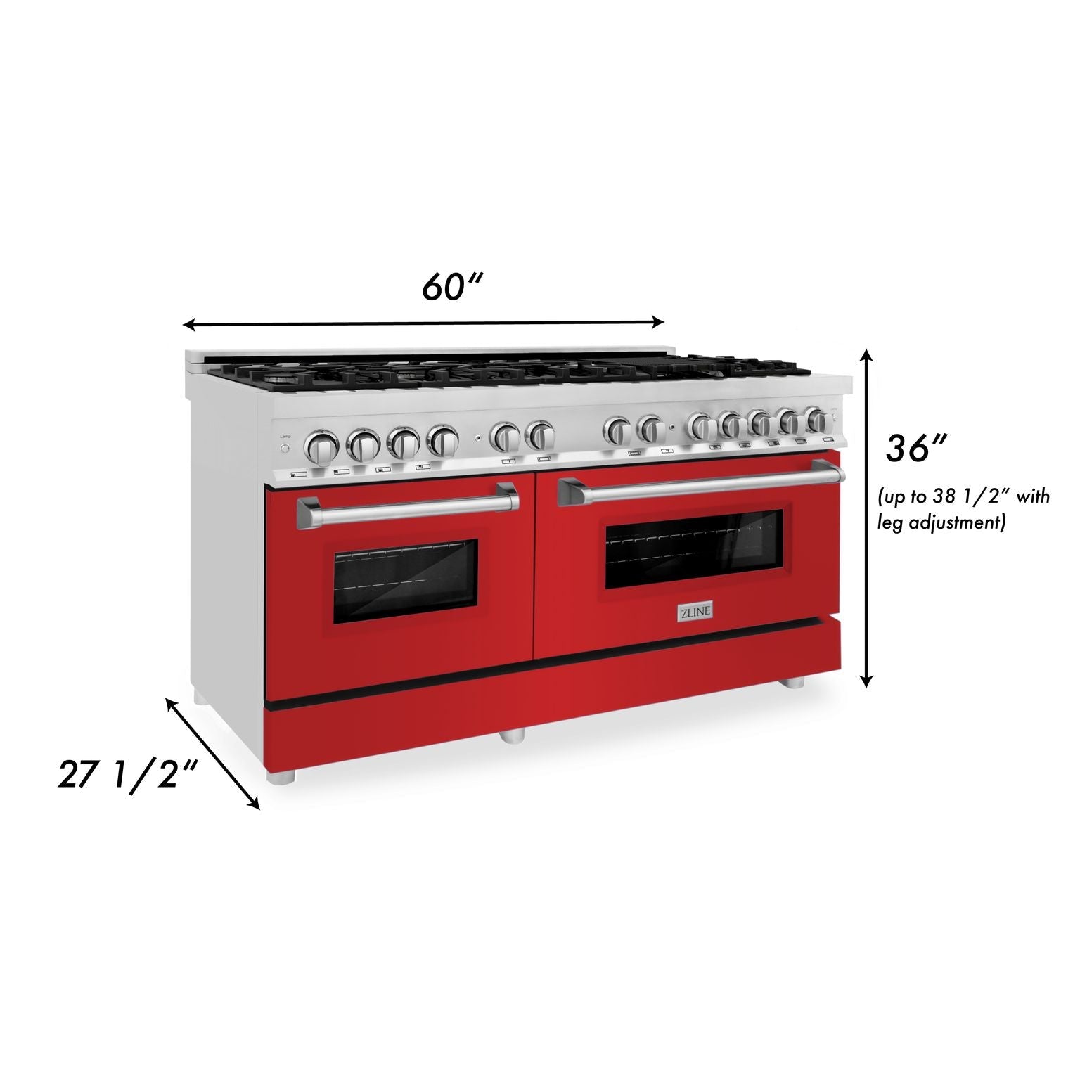 ZLINE 60 in. Dual Fuel Range with Gas Cooktop and Electric Ovens in Stainless Steel with Red Matte Doors (RA-RM-60)