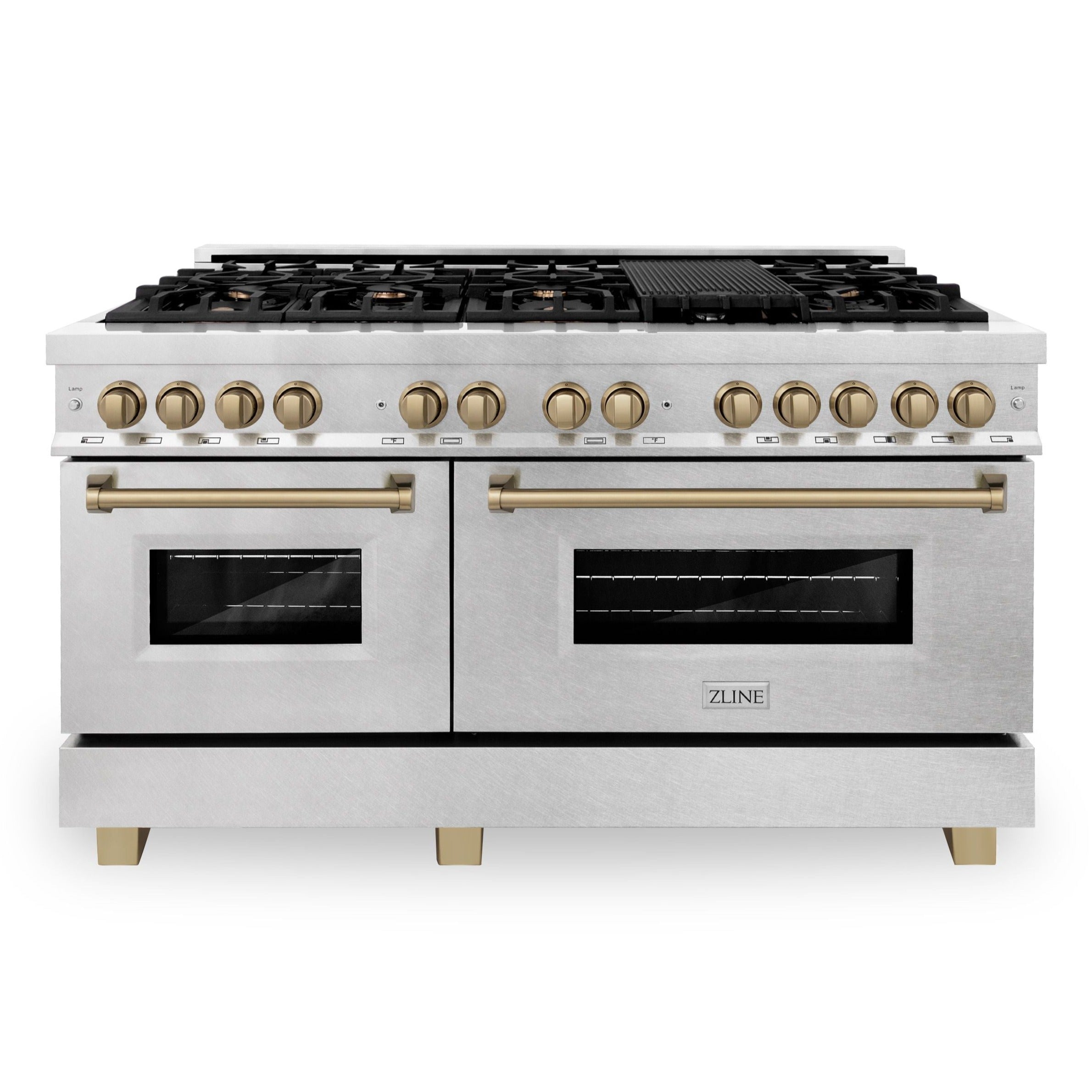 ZLINE Autograph Edition 60 in. 7.4 cu. ft. Legacy Dual Fuel Range with 9 Gas Burners and Double Electric Convection Ovens in Satin Stainless Steel with Champagne Bronze Accents (RASZ-SN-60-CB)