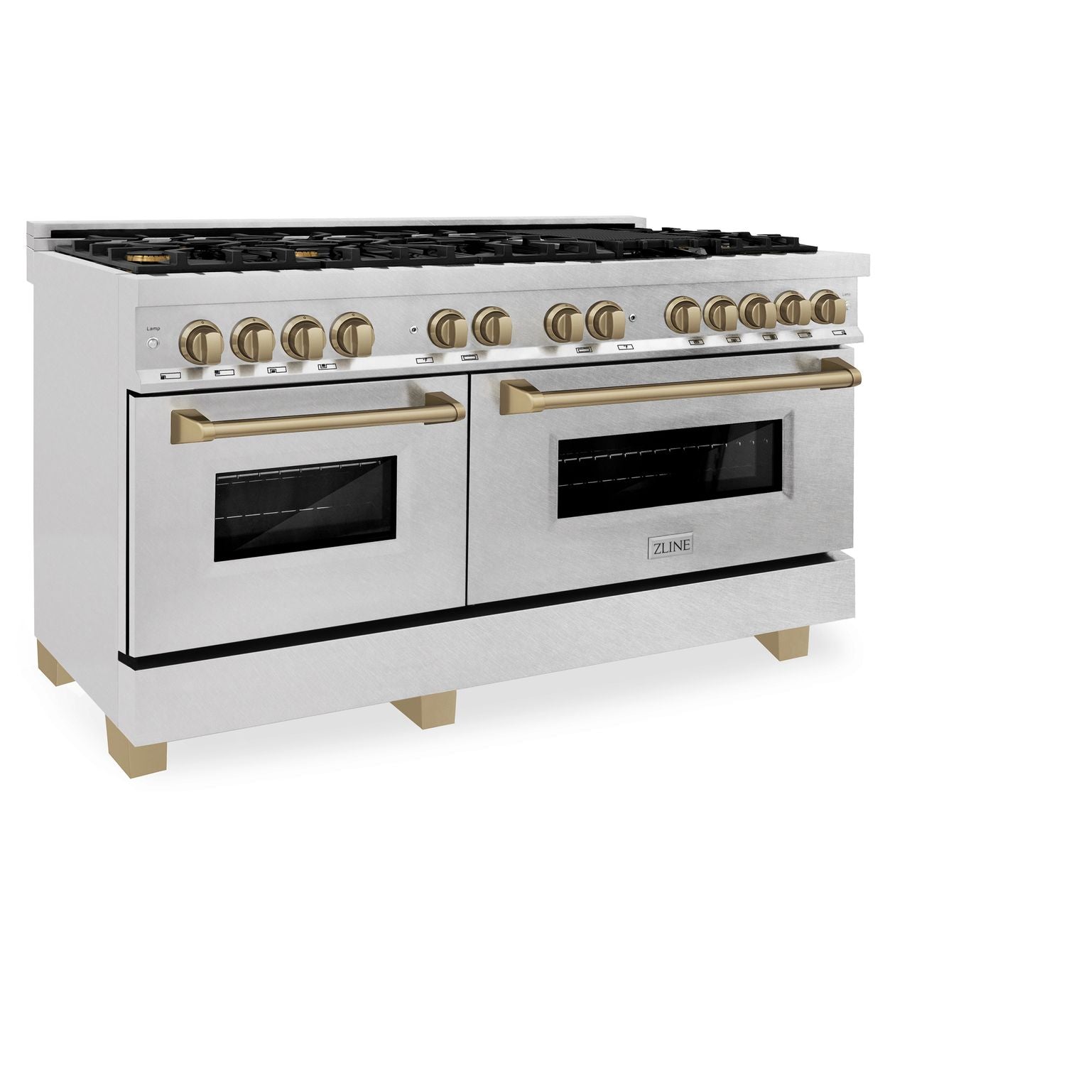 ZLINE Autograph Edition 60 in. 7.4 cu. ft. Legacy Dual Fuel Range with 9 Gas Burners and Double Electric Convection Ovens in Satin Stainless Steel with Champagne Bronze Accents (RASZ-SN-60-CB)