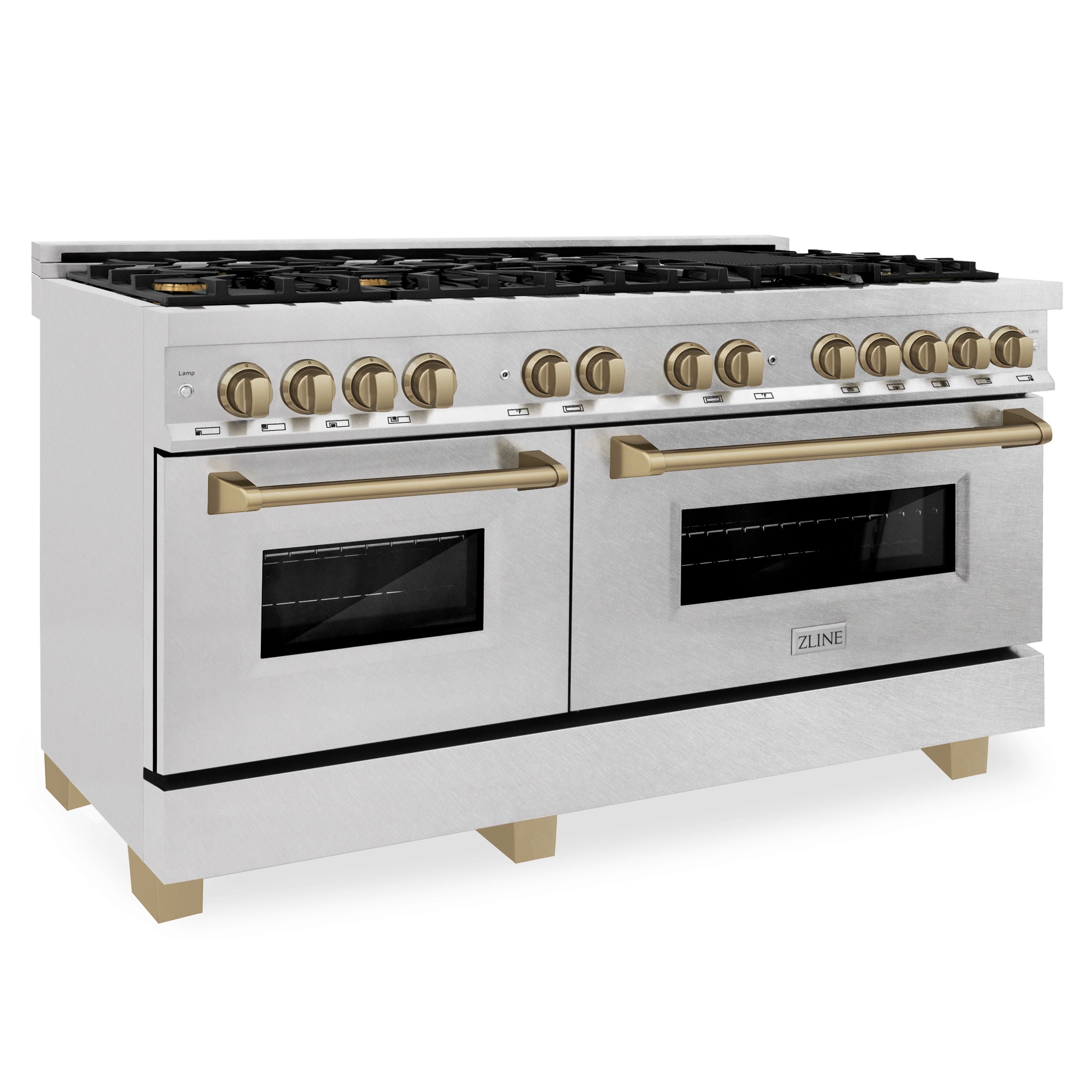 ZLINE Autograph Edition 60 in. 7.4 cu. ft. Legacy Dual Fuel Range with 9 Gas Burners and Double Electric Convection Ovens in Satin Stainless Steel with Champagne Bronze Accents (RASZ-SN-60-CB)