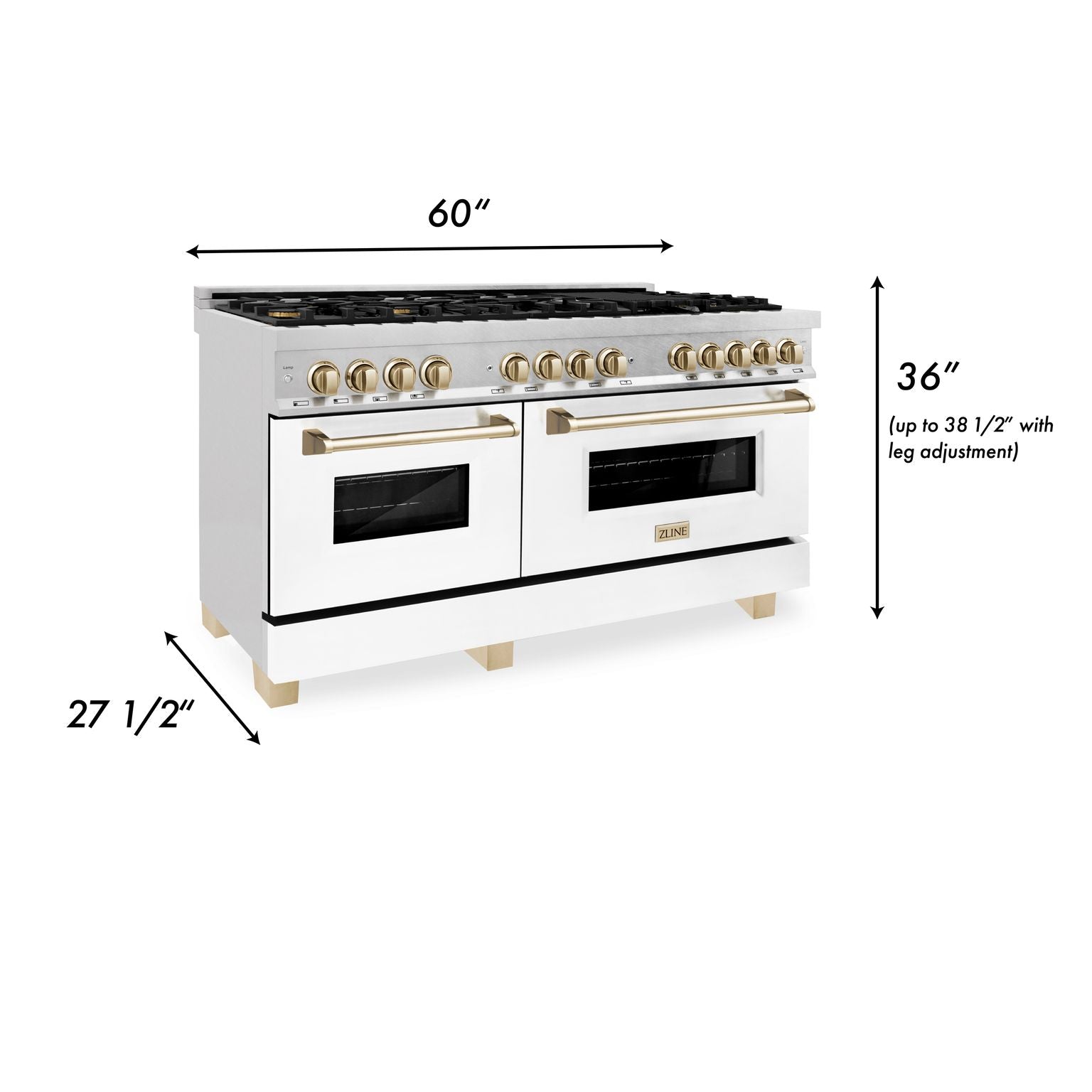 ZLINE Autograph Edition 60 in. 7.4 cu. ft. Legacy Dual Fuel Range with 9 Gas Burners and Double Electric Convection Ovens in Satin Stainless Steel with White Matte Doors and Polished Gold Accents (RASZ-WM-60-G)