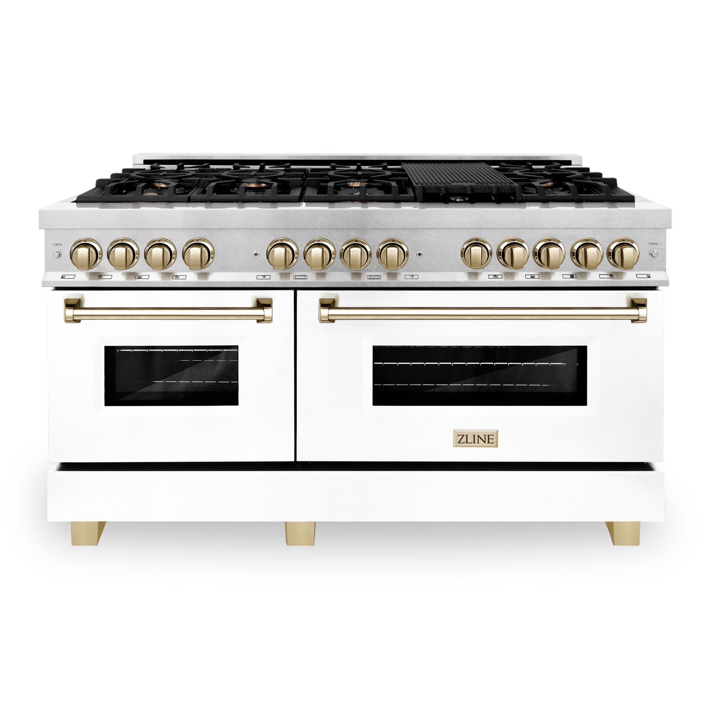 ZLINE Autograph Edition 60 in. 7.4 cu. ft. Legacy Dual Fuel Range with 9 Gas Burners and Double Electric Convection Ovens in Satin Stainless Steel with White Matte Doors and Polished Gold Accents (RASZ-WM-60-G)