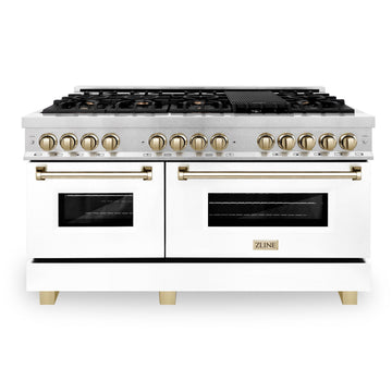 ZLINE Autograph Edition 60 in. 7.4 cu. ft. Legacy Dual Fuel Range with 9 Gas Burners and Double Electric Convection Ovens in Satin Stainless Steel with White Matte Doors and Polished Gold Accents (RASZ-WM-60-G)