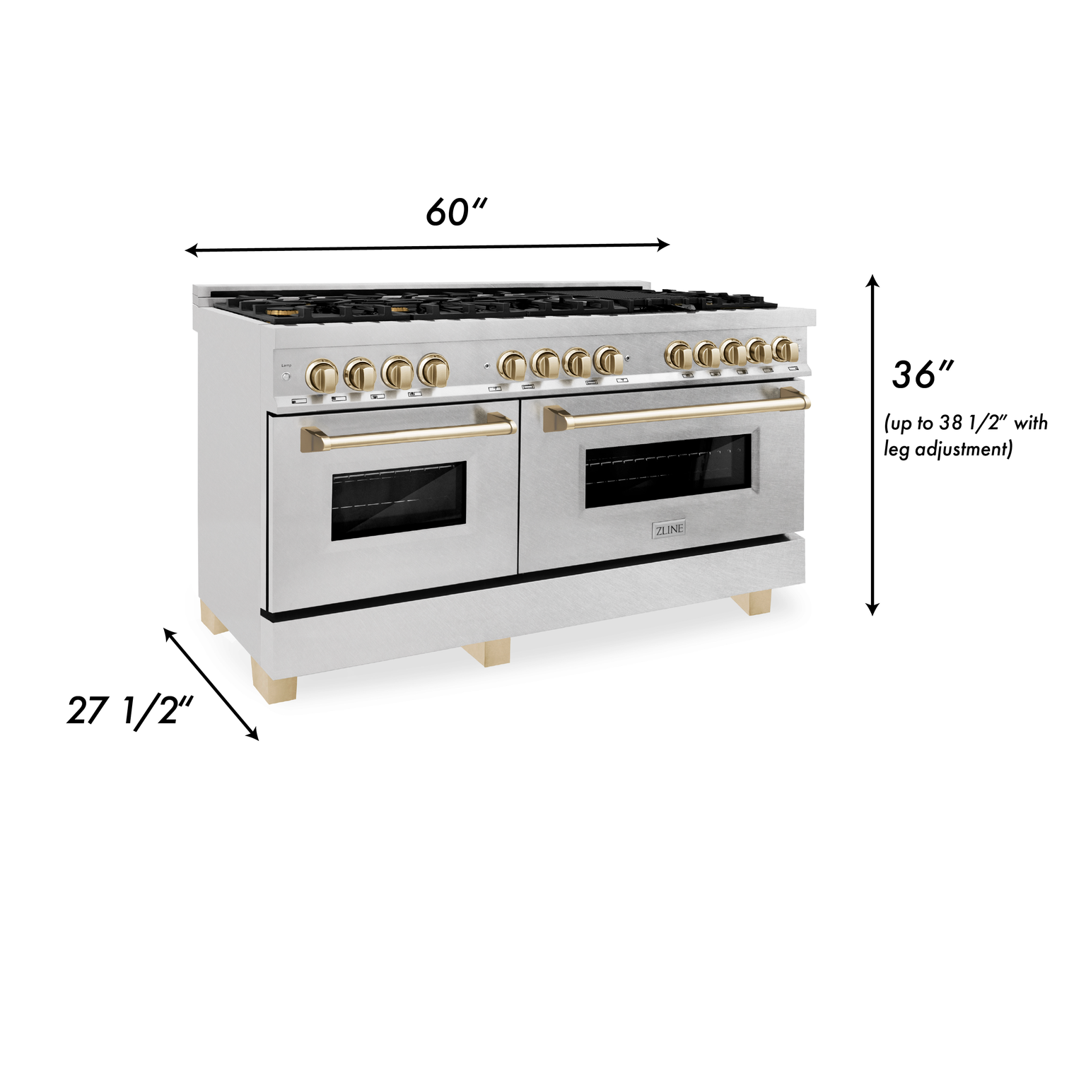 ZLINE Autograph Edition 60 in. 7.4 cu. ft. Legacy Dual Fuel Range with 9 Burner Gas Cooktop and 2 Electric Convection Ovens in Satin Stainless Steel with Polished Gold Accents (RASZ-SN-60-G)