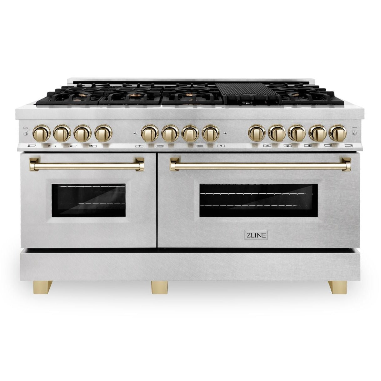 ZLINE Autograph Edition 60 in. 7.4 cu. ft. Legacy Dual Fuel Range with 9 Burner Gas Cooktop and 2 Electric Convection Ovens in Satin Stainless Steel with Polished Gold Accents (RASZ-SN-60-G)