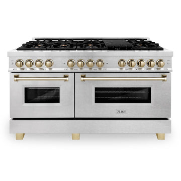 ZLINE Autograph Edition 60 in. 7.4 cu. ft. Legacy Dual Fuel Range with 9 Burner Gas Cooktop and 2 Electric Convection Ovens in Satin Stainless Steel with Polished Gold Accents (RASZ-SN-60-G)