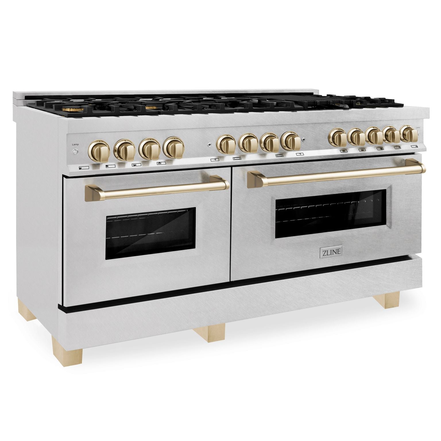 ZLINE Autograph Edition 60 in. 7.4 cu. ft. Legacy Dual Fuel Range with 9 Burner Gas Cooktop and 2 Electric Convection Ovens in Satin Stainless Steel with Polished Gold Accents (RASZ-SN-60-G)